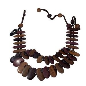 Vintage Wood Beaded Belt Boho Statement Bib Necklace Exotic Woods Costa Rica NEW